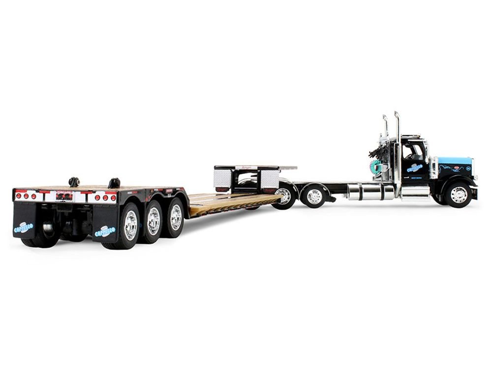 Peterbilt 589 Day Cab and Fontaine Renegade LXT40 Lowboy Trailer with Fliptail "Cappello Heavy Transport" Black with Light Blue Hood 1/64 Diecast Model by DCP/First Gear view 3