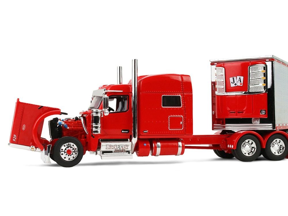 Peterbilt 589 with 78" Mid-Roof Sleeper and 53' Utility Trailer with Reefer "Blackjack Express LLC" Red "Big Rigs" Series II #6 1/64 Diecast Model by DCP/First Gear view 2