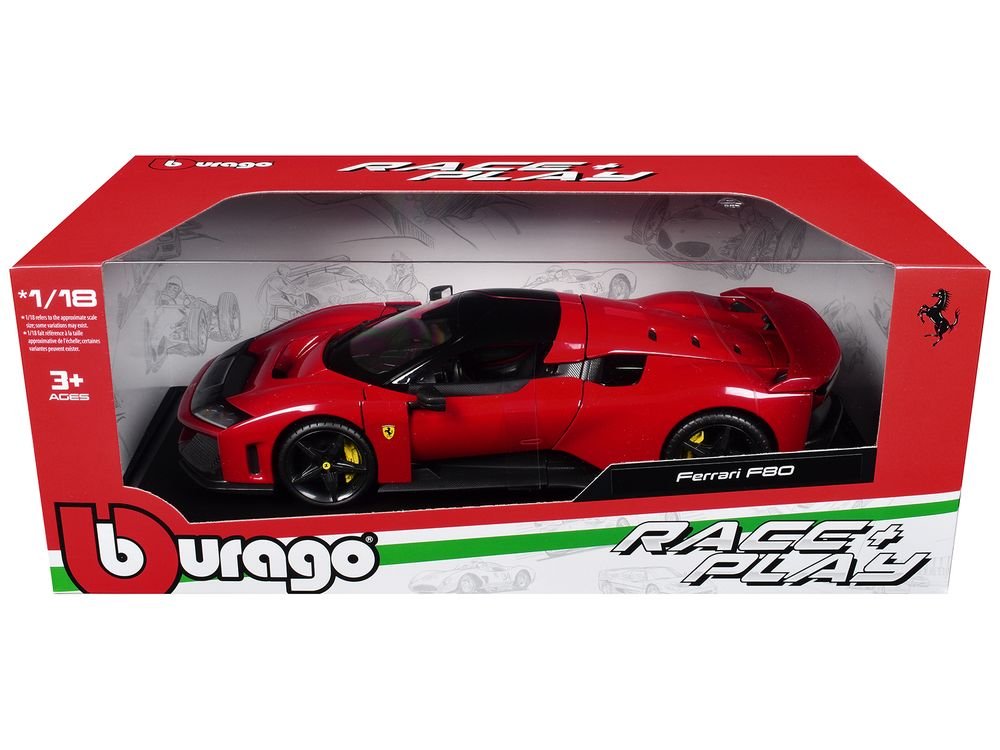 Ferrari F80 Red with Black Top "Race + Play" Series 1/18 Diecast Model Car by Bburago view 3