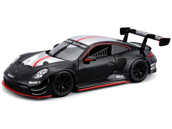 Porsche 911 GT3 R Black with Silver Hood and Top and Red Stripe "Race" Series 1/24 Diecast Model Car by Bburago view 2