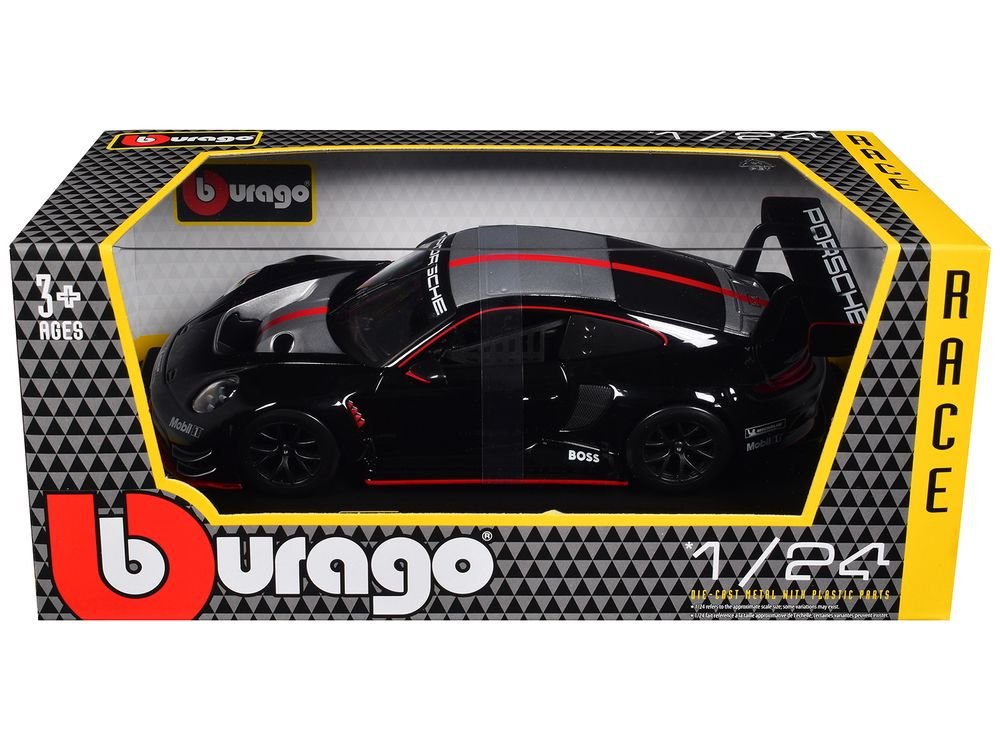 Porsche 911 GT3 R Black with Silver Hood and Top and Red Stripe "Race" Series 1/24 Diecast Model Car by Bburago view 3