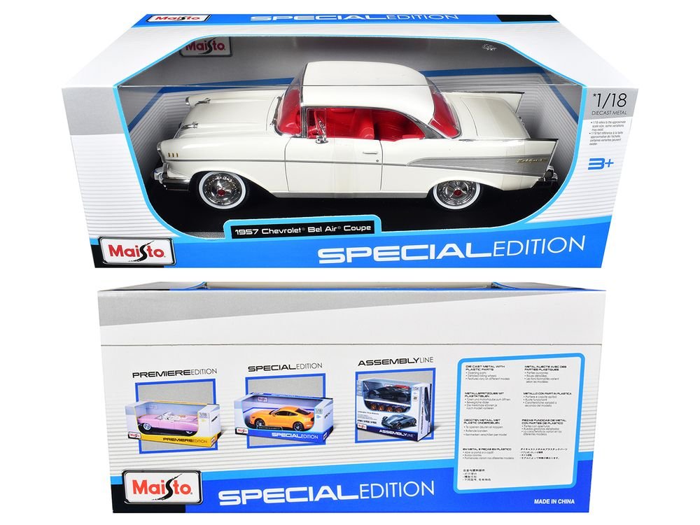 1957 Chevrolet Bel Air Coupe White with Red Interior "Special Edition" Series 1/18 Diecast Model Car by Maisto view 3