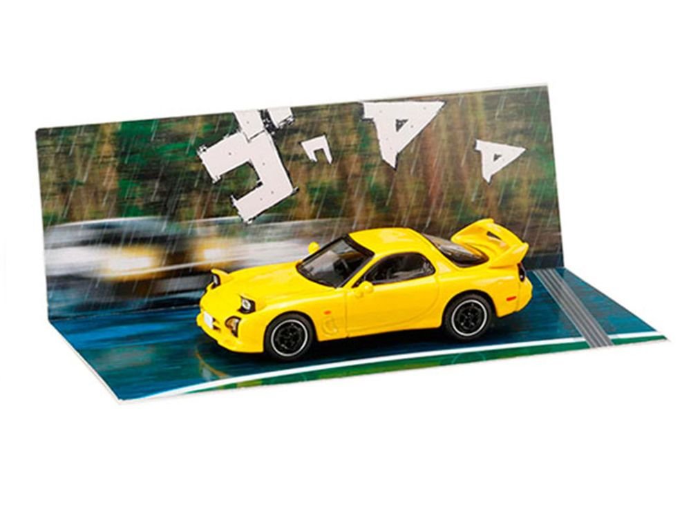 Mazda RX-7 (FD3S) RHD (Right Hand Drive) Yellow "Initial D" (1995-2013) Manga "Diorama Set Series" 1/64 Diecast Model Car by Hobby Japan view 4