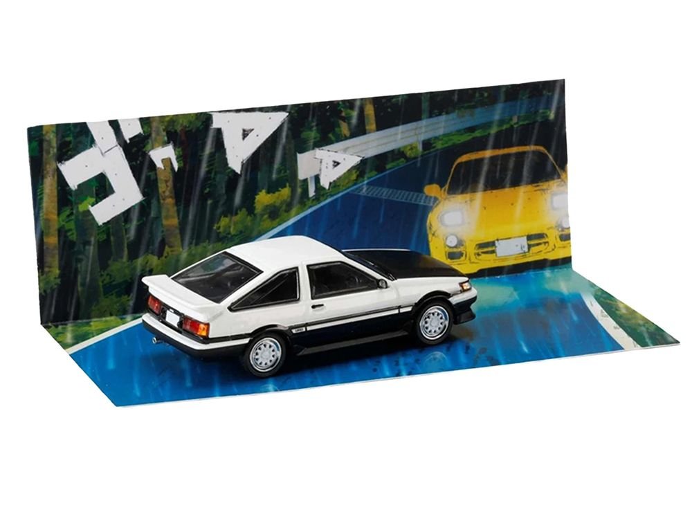 Toyota Corolla Levin (AE86) RHD (Right Hand Drive) White with Carbon Hood "Initial D" (1995-2013) Manga "Diorama Set Series" 1/64 Diecast Model Car by Hobby Japan view 3