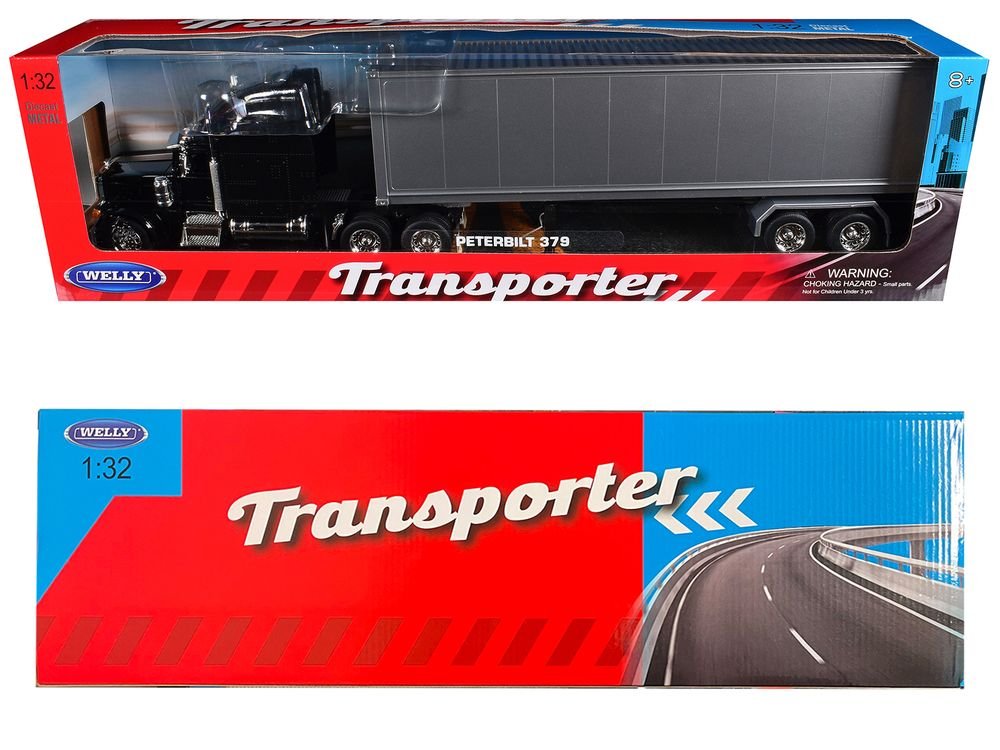 Peterbilt 379 Truck Black with Silver Container "Transporter" Series 1/32 Diecast Model by Welly view 3