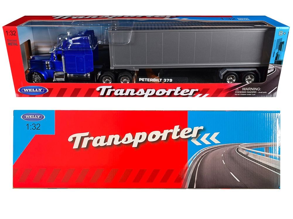 Peterbilt 379 Truck Blue Metallic with Silver Container "Transporter" Series 1/32 Diecast Model by Welly view 3