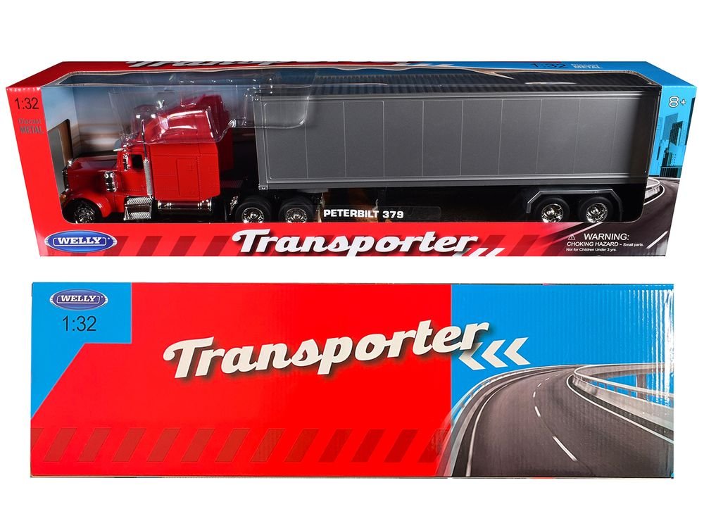 Peterbilt 379 Truck Red with Silver Container "Transporter" Series 1/32 Diecast Model by Welly view 3