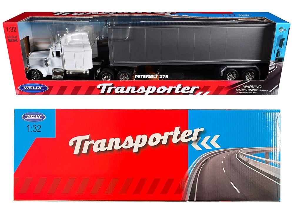 Peterbilt 379 Truck White with Silver Container "Transporter" Series 1/32 Diecast Model by Welly view 3