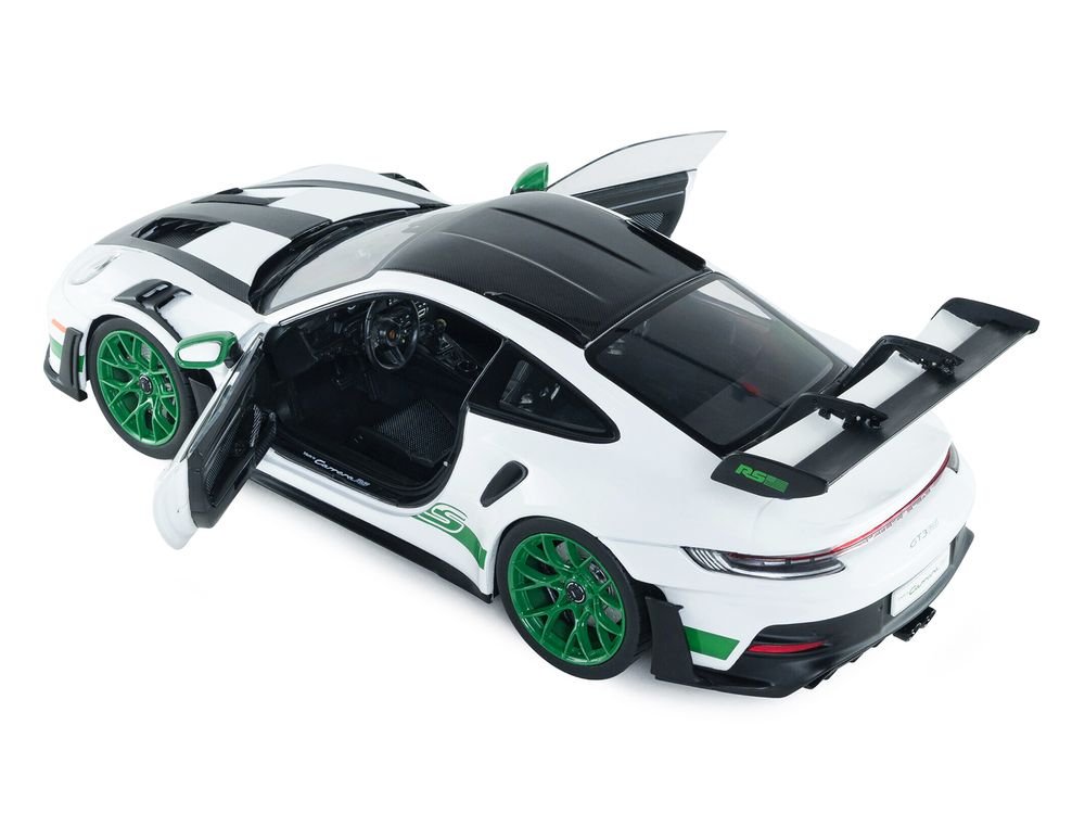 2024 Porsche 911 GT3 RS "Tribute to Carrera RS Package" White with Carbon Hood Stripes and Top and Green Side Stripes and Wheels 1/18 Diecast Model Car by Solido view 4