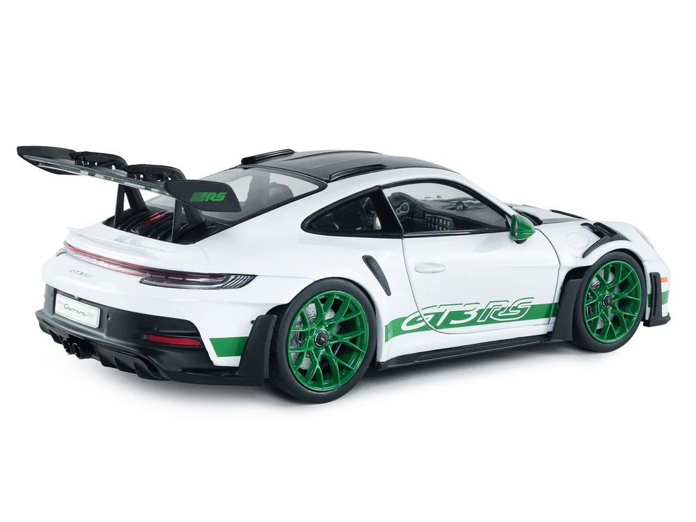2024 Porsche 911 GT3 RS "Tribute to Carrera RS Package" White with Carbon Hood Stripes and Top and Green Side Stripes and Wheels 1/18 Diecast Model Car by Solido view 5