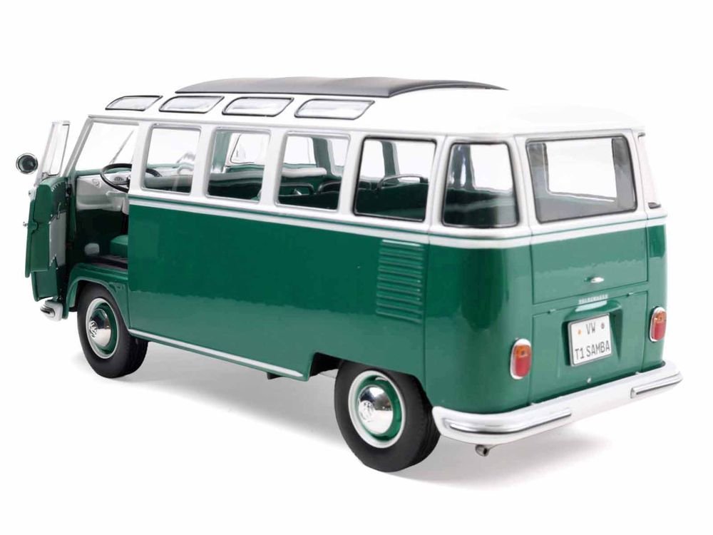 1962 Volkswagen T1 Samba Bus Green and White 1/18 Diecast Model Car by Solido view 2