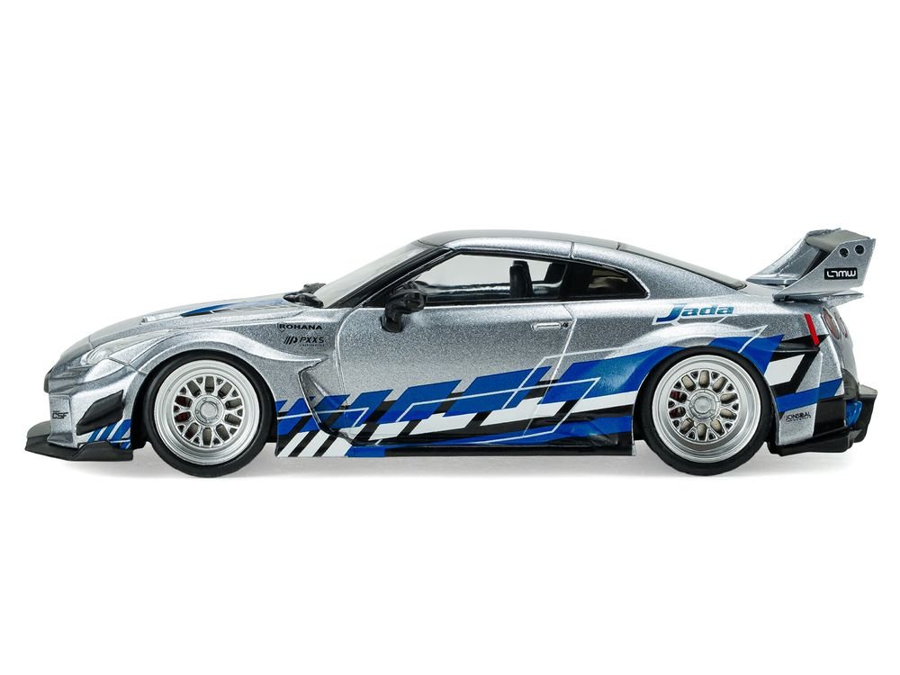2020 Nissan GT-R (R35) Liberty Walk Silhouette RHD (Right Hand Drive) Silver Metallic with Black Top and Blue Graphics 1/43 Diecast Model Car by Solido view 2