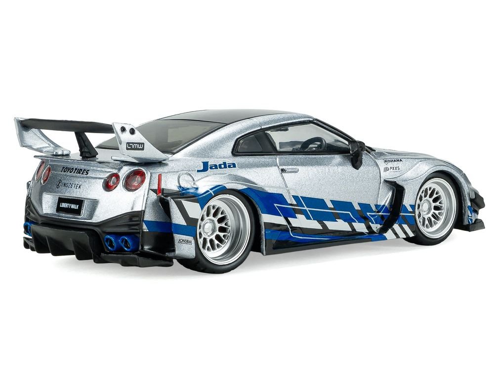 2020 Nissan GT-R (R35) Liberty Walk Silhouette RHD (Right Hand Drive) Silver Metallic with Black Top and Blue Graphics 1/43 Diecast Model Car by Solido view 3