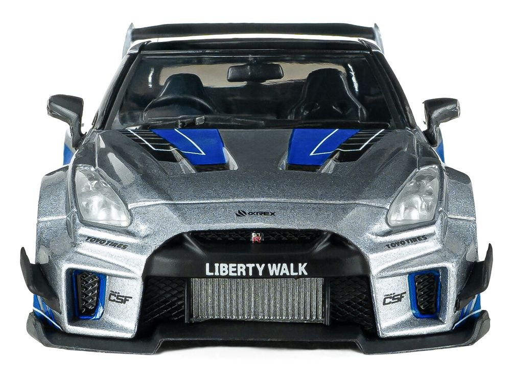 2020 Nissan GT-R (R35) Liberty Walk Silhouette RHD (Right Hand Drive) Silver Metallic with Black Top and Blue Graphics 1/43 Diecast Model Car by Solido view 4