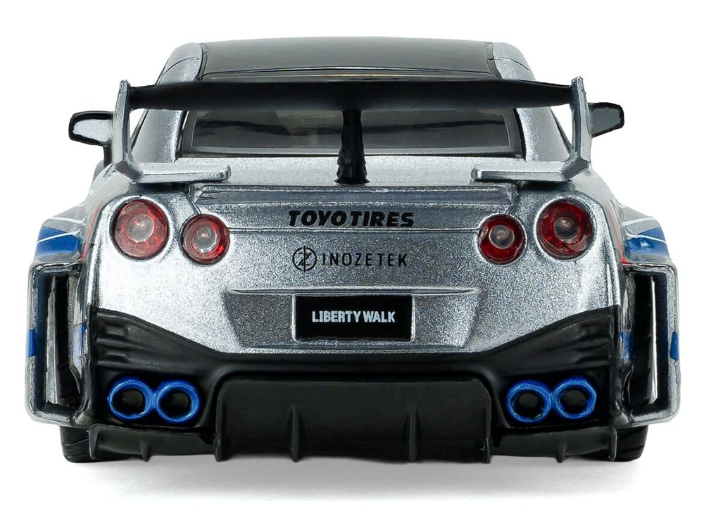 2020 Nissan GT-R (R35) Liberty Walk Silhouette RHD (Right Hand Drive) Silver Metallic with Black Top and Blue Graphics 1/43 Diecast Model Car by Solido view 5