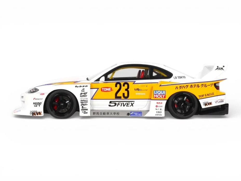 2021 Nissan Silvia (S15) LB-Super Silhouette RHD (Right Hand Drive) #23 White with Yellow Stripes 1/18 Model Car by GT Spirit view 4
