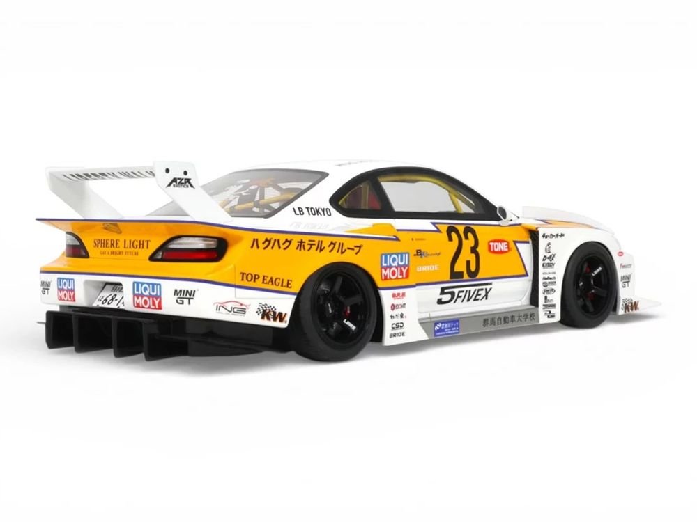 2021 Nissan Silvia (S15) LB-Super Silhouette RHD (Right Hand Drive) #23 White with Yellow Stripes 1/18 Model Car by GT Spirit view 5