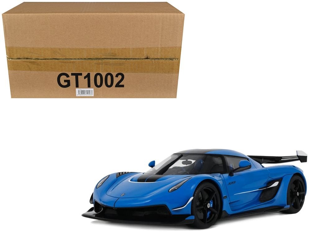 2025 Koenigsegg Jesko Blue Metallic with Black Stripes 1/18 Model Car by GT Spirit