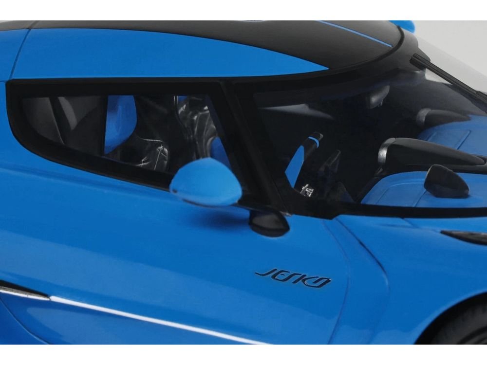 2025 Koenigsegg Jesko Blue Metallic with Black Stripes 1/18 Model Car by GT Spirit view 2