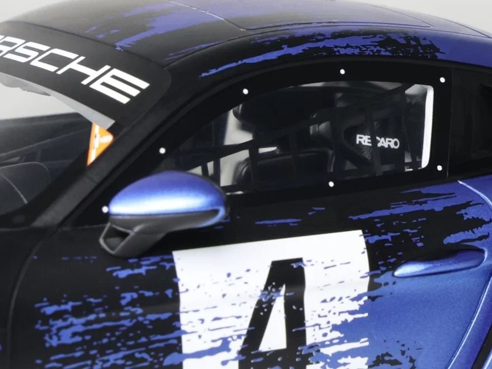 2021 Porsche Cayman 718 GT4 RS Clubsport #4 Black with Blue Graphics Limited Edition to 999 pieces Worldwide 1/18 Model Car by Otto Mobile view 2