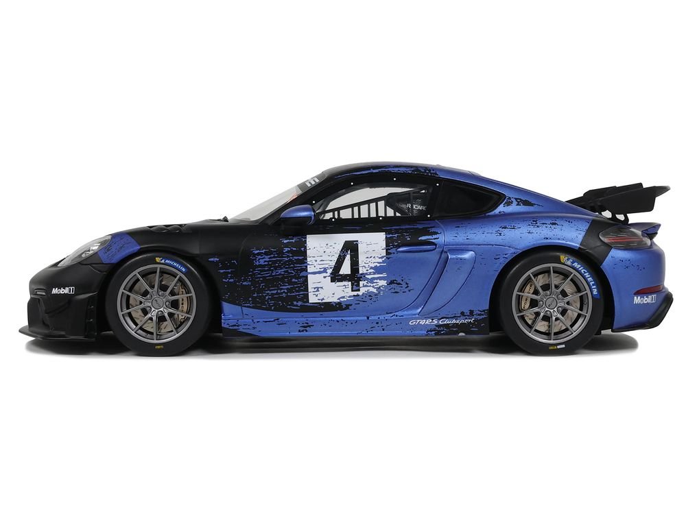2021 Porsche Cayman 718 GT4 RS Clubsport #4 Black with Blue Graphics Limited Edition to 999 pieces Worldwide 1/18 Model Car by Otto Mobile view 4