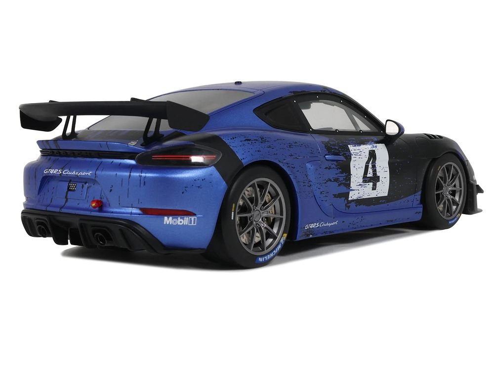 2021 Porsche Cayman 718 GT4 RS Clubsport #4 Black with Blue Graphics Limited Edition to 999 pieces Worldwide 1/18 Model Car by Otto Mobile view 5
