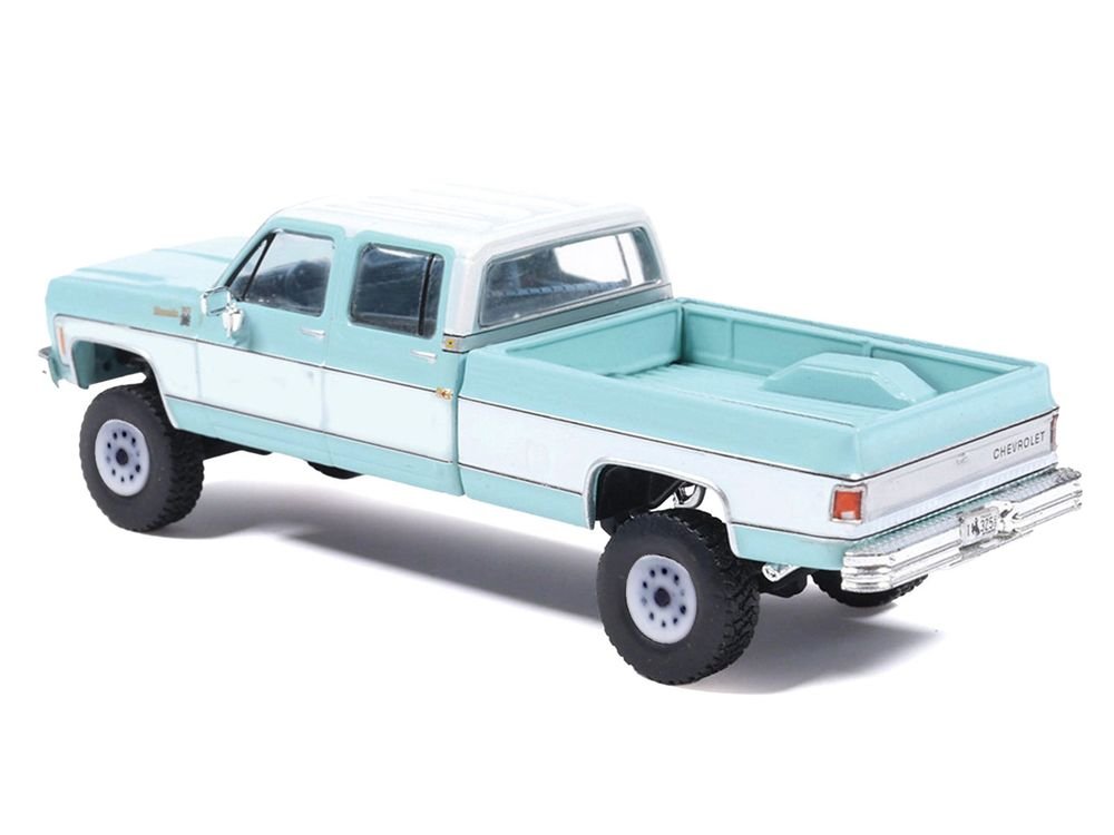 1978 Chevrolet Silverado K30 Crew Cab Pickup Truck Light Blue and White with Blue Interior 1/64 Diecast Model by IXO Models view 3