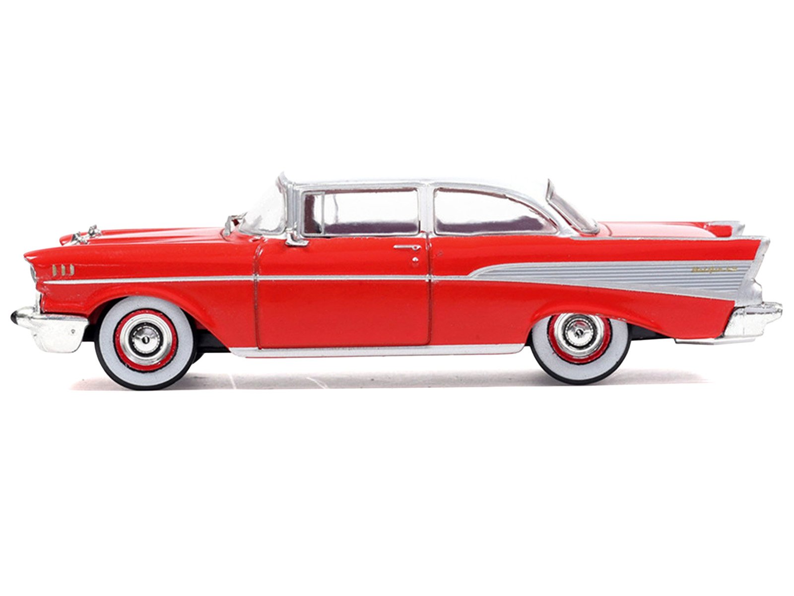 1957 Chevrolet Bel Air Red with White Top and Red Interior 1/64 Diecast Model by IXO Models view 2