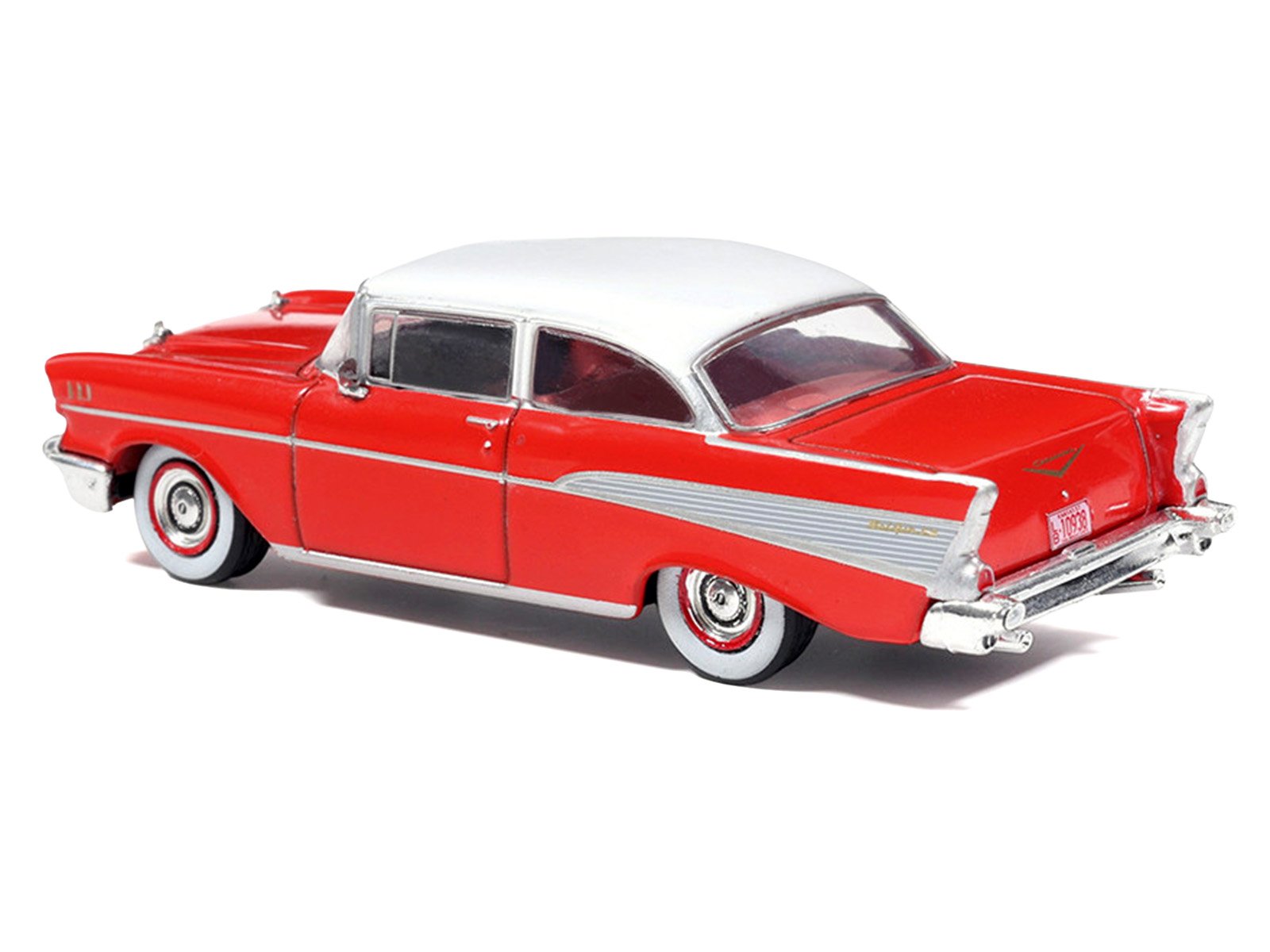 1957 Chevrolet Bel Air Red with White Top and Red Interior 1/64 Diecast Model by IXO Models view 3