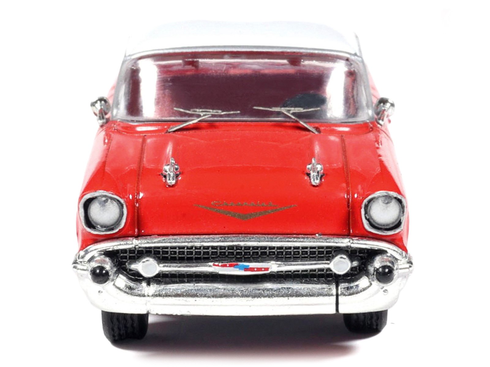 1957 Chevrolet Bel Air Red with White Top and Red Interior 1/64 Diecast Model by IXO Models view 4