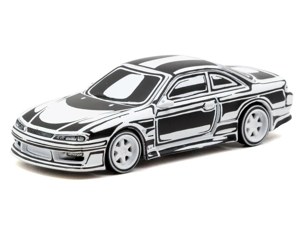 VERTEX Silvia (S14) "Designed by Joshua Vides" Black and White "Global64" Series 1/64 Diecast Model Car by Tarmac Works view 2