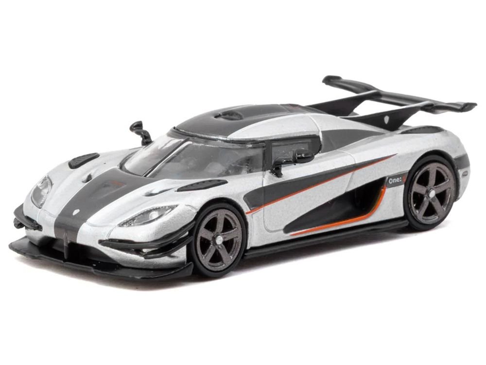 Koenigsegg One:1 Silver Metallic with Black Stripes "Global64" Series 1/64 Diecast Model Car by Tarmac Works view 2