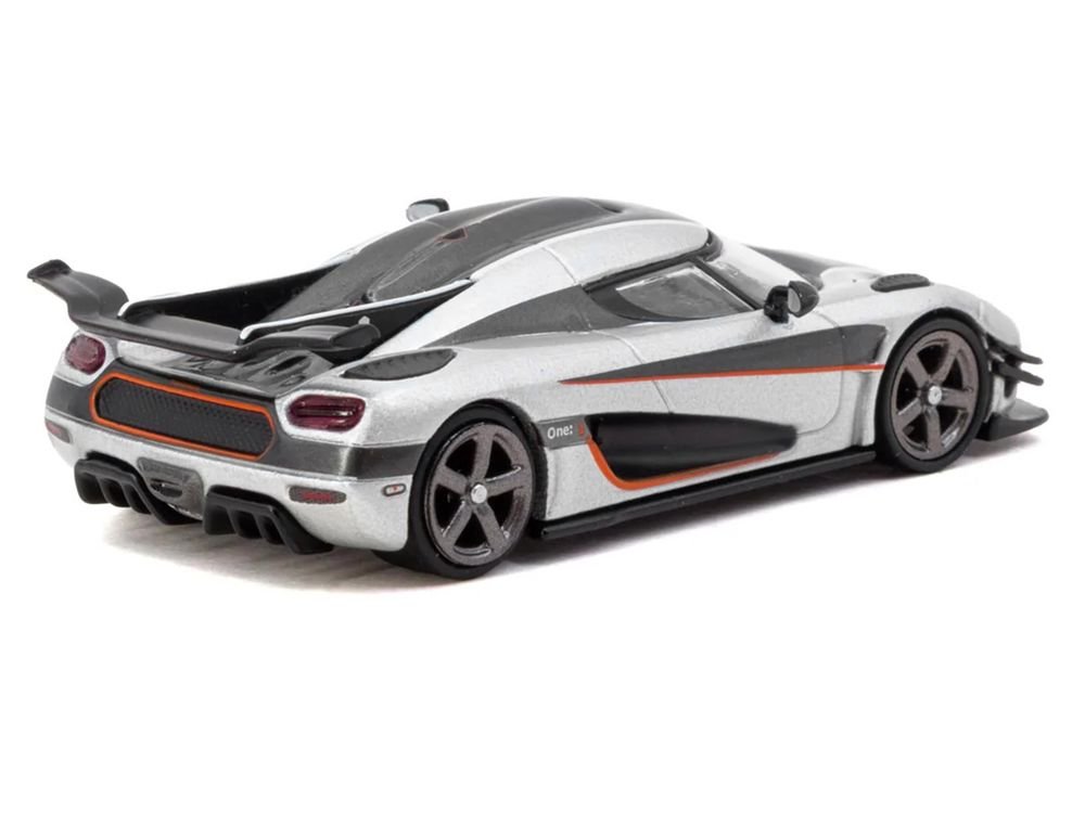 Koenigsegg One:1 Silver Metallic with Black Stripes "Global64" Series 1/64 Diecast Model Car by Tarmac Works view 3