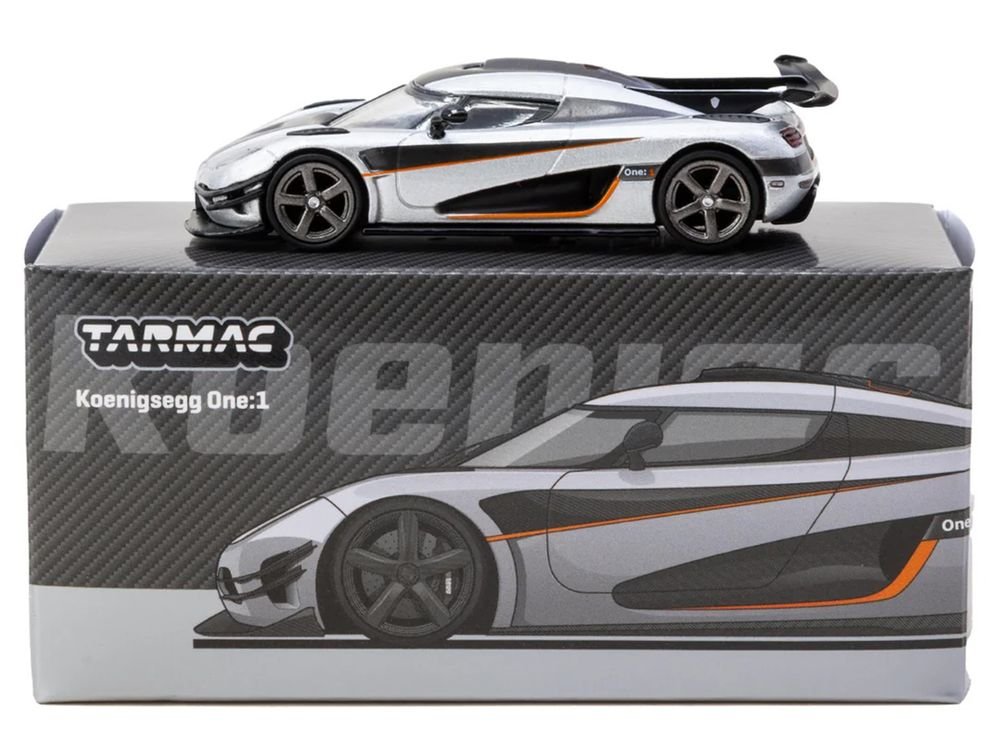 Koenigsegg One:1 Silver Metallic with Black Stripes "Global64" Series 1/64 Diecast Model Car by Tarmac Works view 4