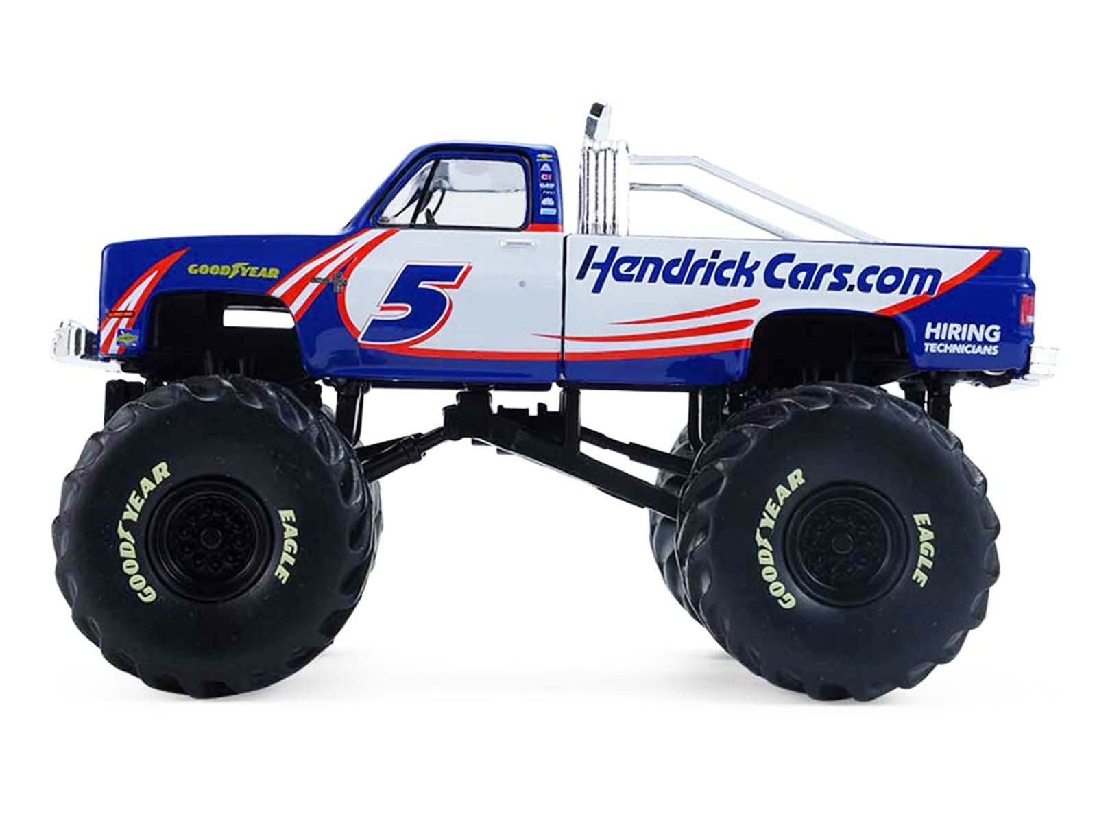1981 Chevrolet K20 Monster Truck #5 "HendrickCars.com" Blue and White with Graphics "Kings of Crunch - Hendrick Motorsports Tribute" Special Edition 1/64 Diecast Model Car by Greenlight view 2