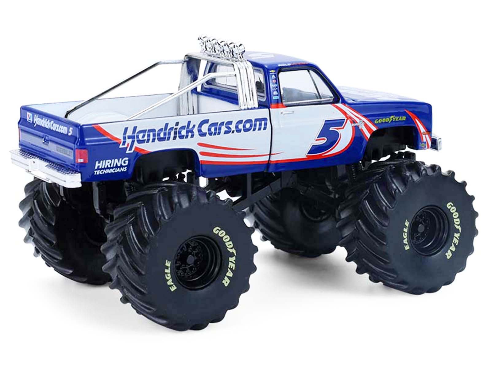 1981 Chevrolet K20 Monster Truck #5 "HendrickCars.com" Blue and White with Graphics "Kings of Crunch - Hendrick Motorsports Tribute" Special Edition 1/64 Diecast Model Car by Greenlight view 3