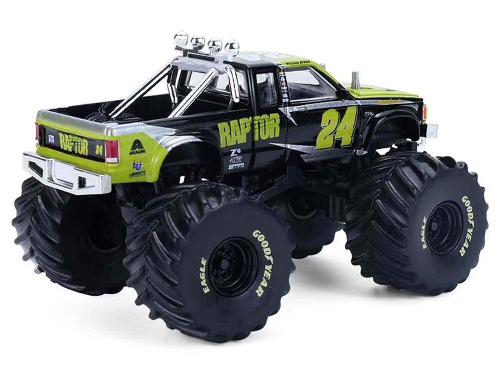 1986 Chevrolet S10 Monster Truck #24 "Raptor" Black and Green with Graphics "Kings of Crunch - Hendrick Motorsports Tribute" Special Edition 1/64 Diecast Model Car by Greenlight view 3