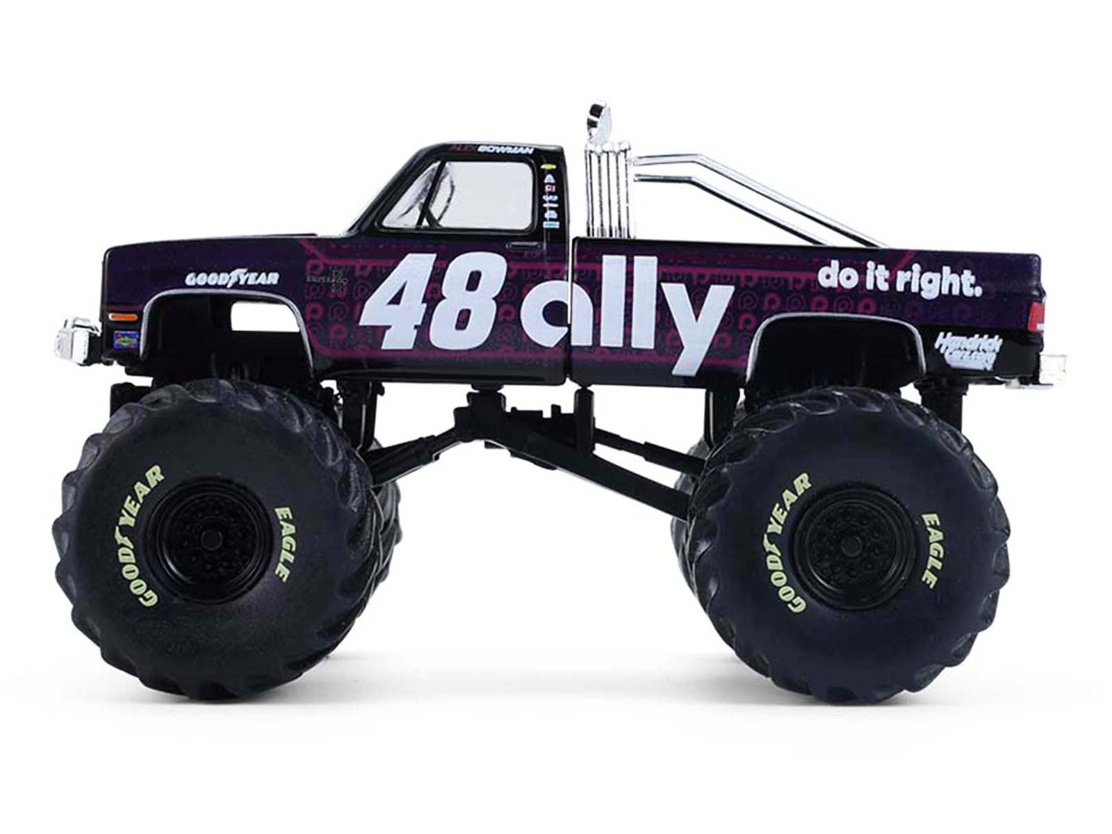 1984 Chevrolet Silverado Monster Truck #48 "Ally" Black and Purple with Graphics "Kings of Crunch - Hendrick Motorsports Tribute" Special Edition 1/64 Diecast Model Car by Greenlight view 2