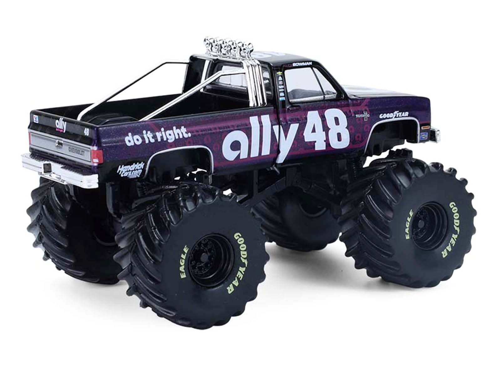 1984 Chevrolet Silverado Monster Truck #48 "Ally" Black and Purple with Graphics "Kings of Crunch - Hendrick Motorsports Tribute" Special Edition 1/64 Diecast Model Car by Greenlight view 3