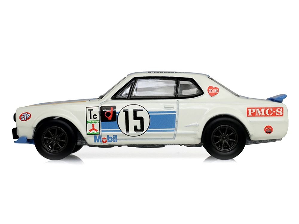 1972 Nissan Skyline 2000 GT-R (KPGC10) RHD (Right Hand Drive) #15 Kunimitsu Takahashi "50th Victory" White with Blue Stripe "Tokyo Torque" Series 10 1/64 Diecast Model Car by Greenlight view 2