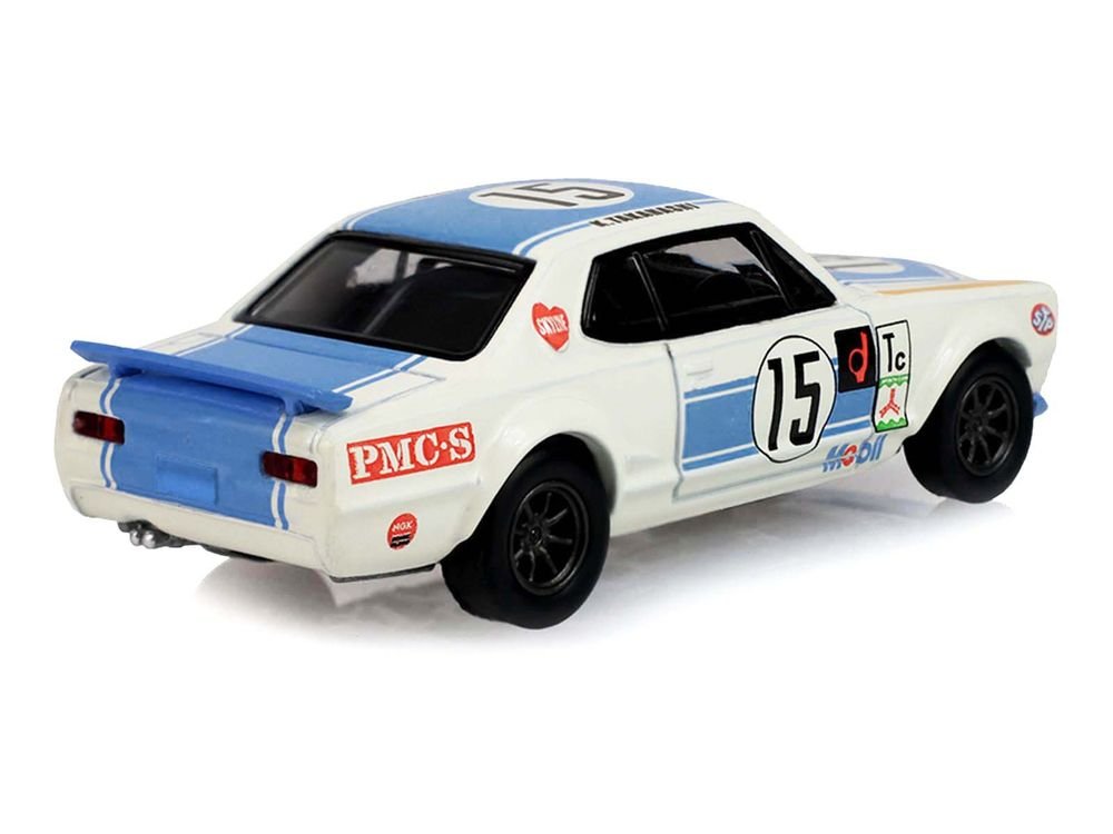 1972 Nissan Skyline 2000 GT-R (KPGC10) RHD (Right Hand Drive) #15 Kunimitsu Takahashi "50th Victory" White with Blue Stripe "Tokyo Torque" Series 10 1/64 Diecast Model Car by Greenlight view 3