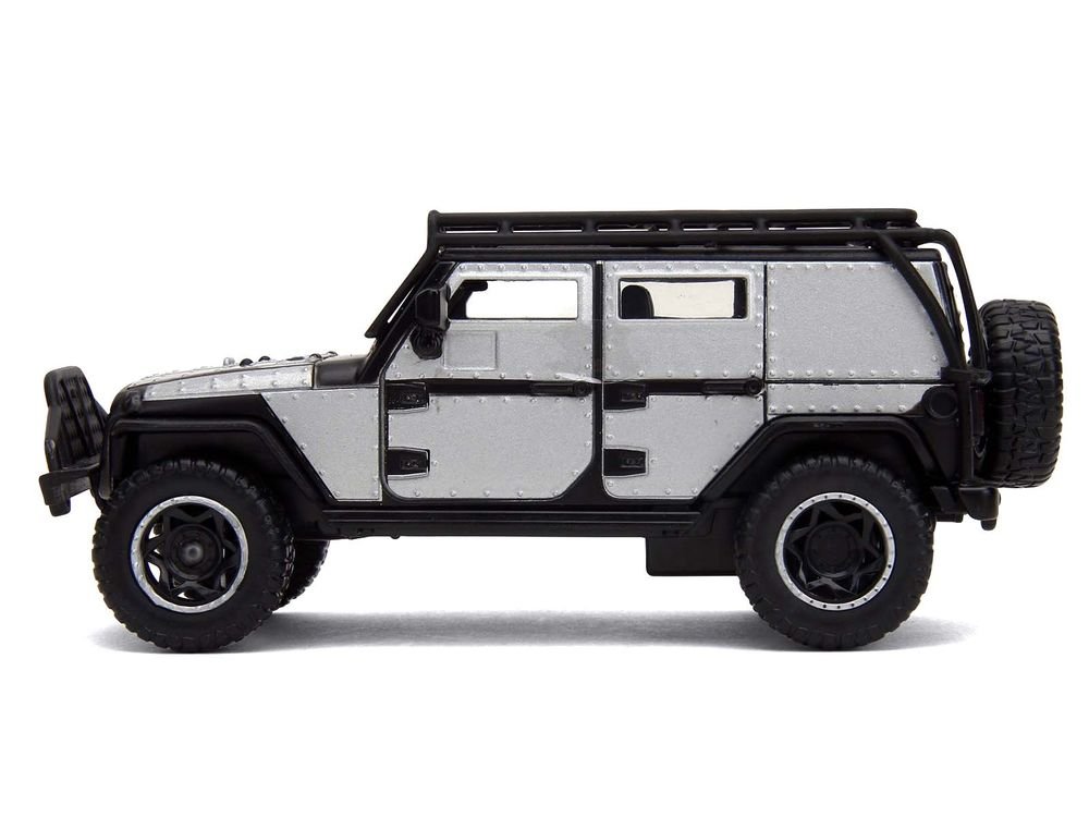Tej's Jeep Wrangler Custom Silver Metallic with Black Top and Roof Rack "Furious 7" (2015) Movie "25 Years of Fast & Furious" Series 1/32 Diecast Model Car by Jada view 2