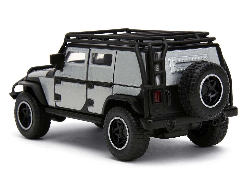 Tej's Jeep Wrangler Custom Silver Metallic with Black Top and Roof Rack "Furious 7" (2015) Movie "25 Years of Fast & Furious" Series 1/32 Diecast Model Car by Jada view 3