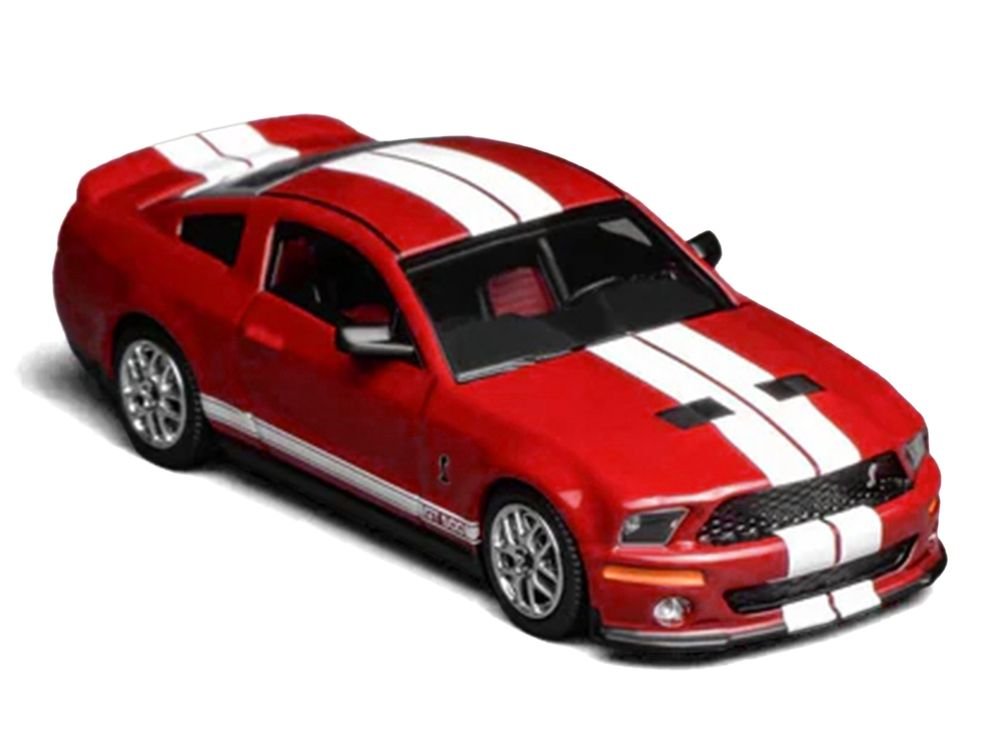 2007 Ford Mustang Shelby GT500 Torch Red with White Stripes 1/64 Diecast Model Car by MotorHelix & Greenlight view 2
