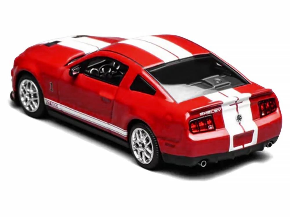 2007 Ford Mustang Shelby GT500 Torch Red with White Stripes 1/64 Diecast Model Car by MotorHelix & Greenlight view 3