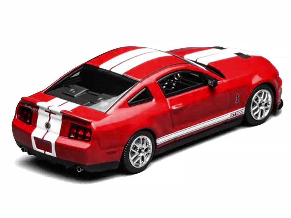 2007 Ford Mustang Shelby GT500 Torch Red with White Stripes 1/64 Diecast Model Car by MotorHelix & Greenlight view 4