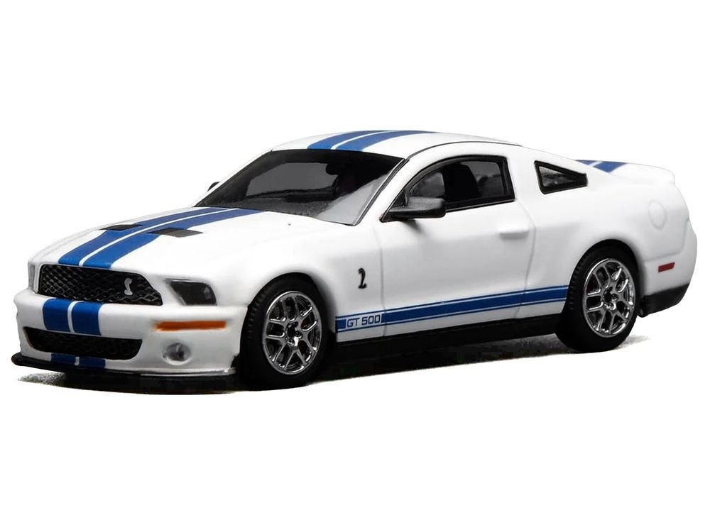 2007 Ford Mustang Shelby GT500 Performance White with Blue Stripes 1/64 Diecast Model Car by MotorHelix & Greenlight view 2