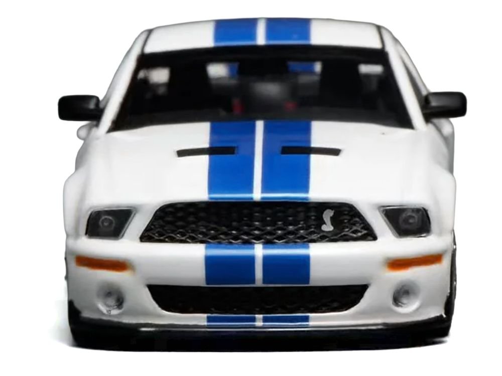 2007 Ford Mustang Shelby GT500 Performance White with Blue Stripes 1/64 Diecast Model Car by MotorHelix & Greenlight view 4