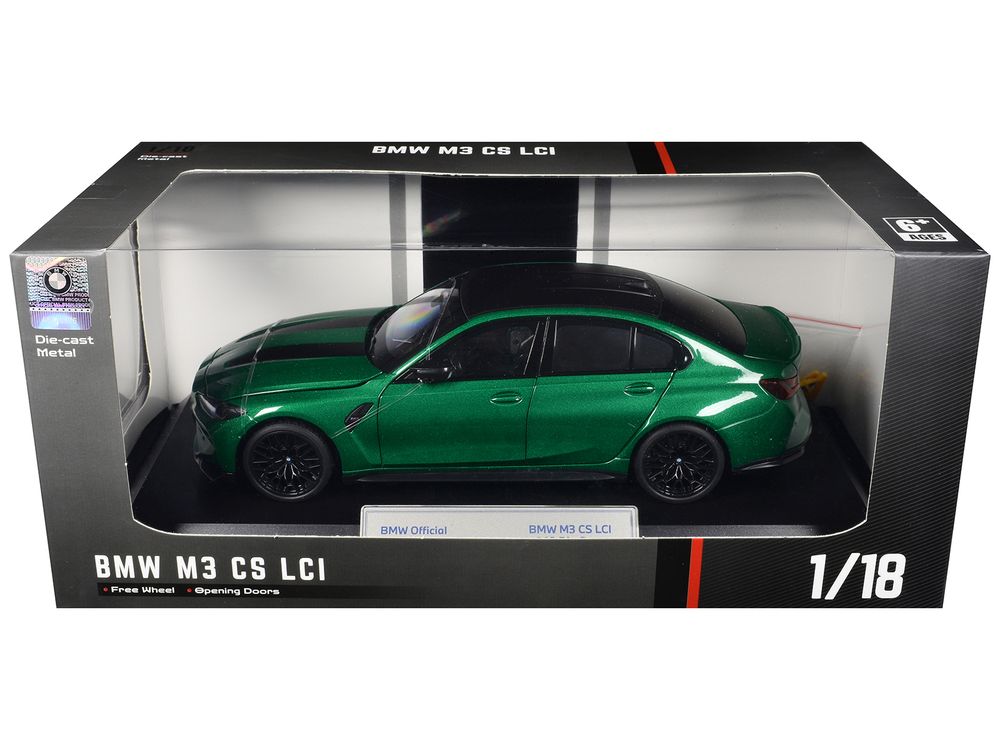 BMW M3 CS LCI Green Metallic with Matt Black Top and Hood Stripes 1/18 Diecast Model Car by Heimanba view 3