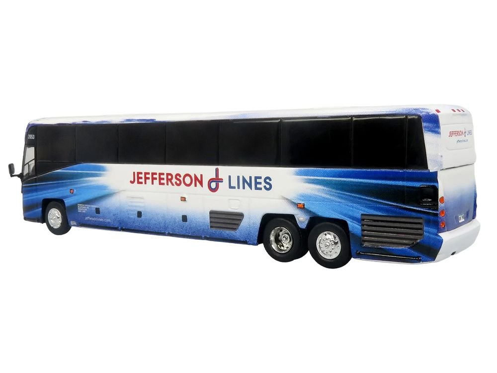 MCI D4520 Commuter Coach Bus "Jefferson Lines" White with Blue Graphics "The Bus & Motorcoach Collection" Limited Edition to 504 pieces Worldwide 1/87 (HO) Scale Diecast Model by Iconic Replicas view 3
